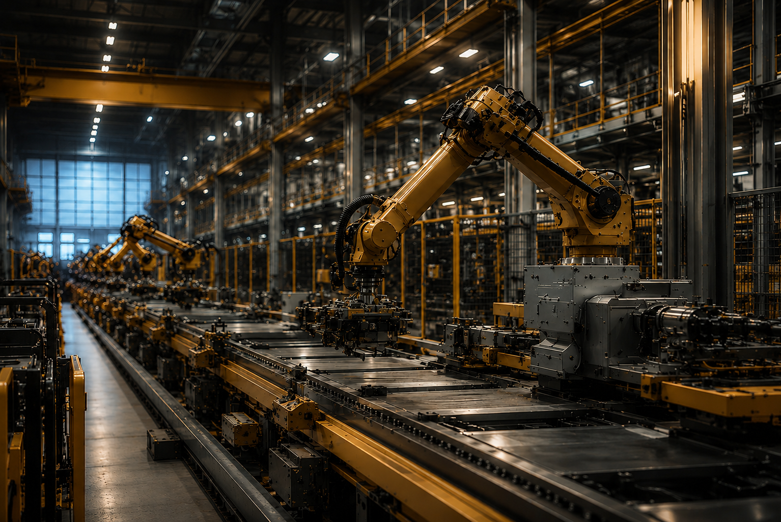 Industrial factory floor with robotic arms